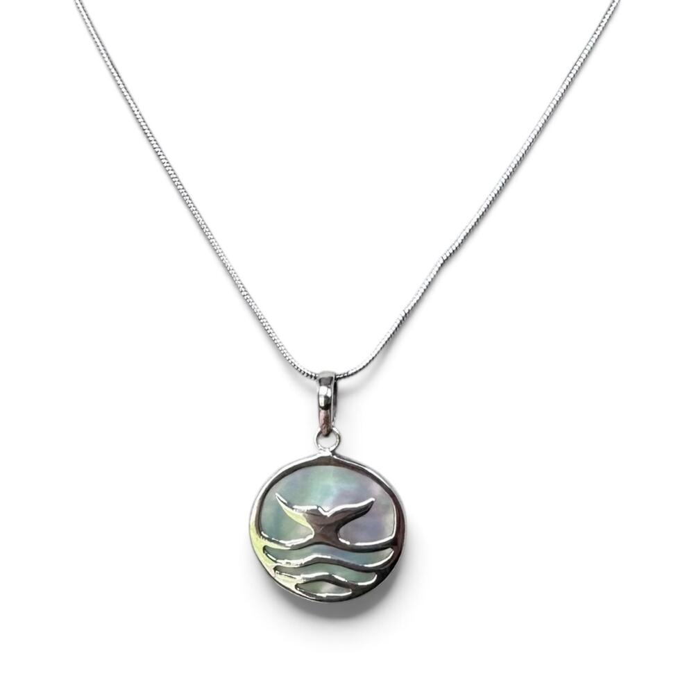 Vintage Abalone Whale Tail Ocean Wave Pendant Sterling Silver Necklace 16" 6g